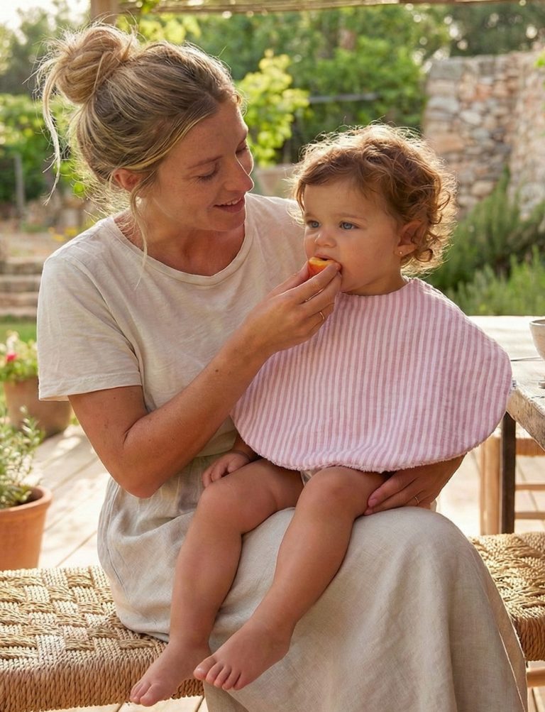 Bavoir 2 en 1 (poncho/ épaule)- rayé vieux rose