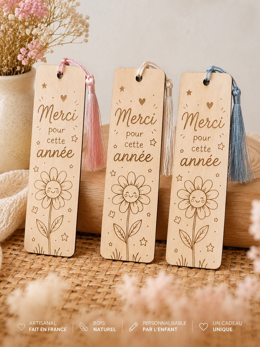 📖 Marque-page en bois à personnaliser – Merci pour cette année