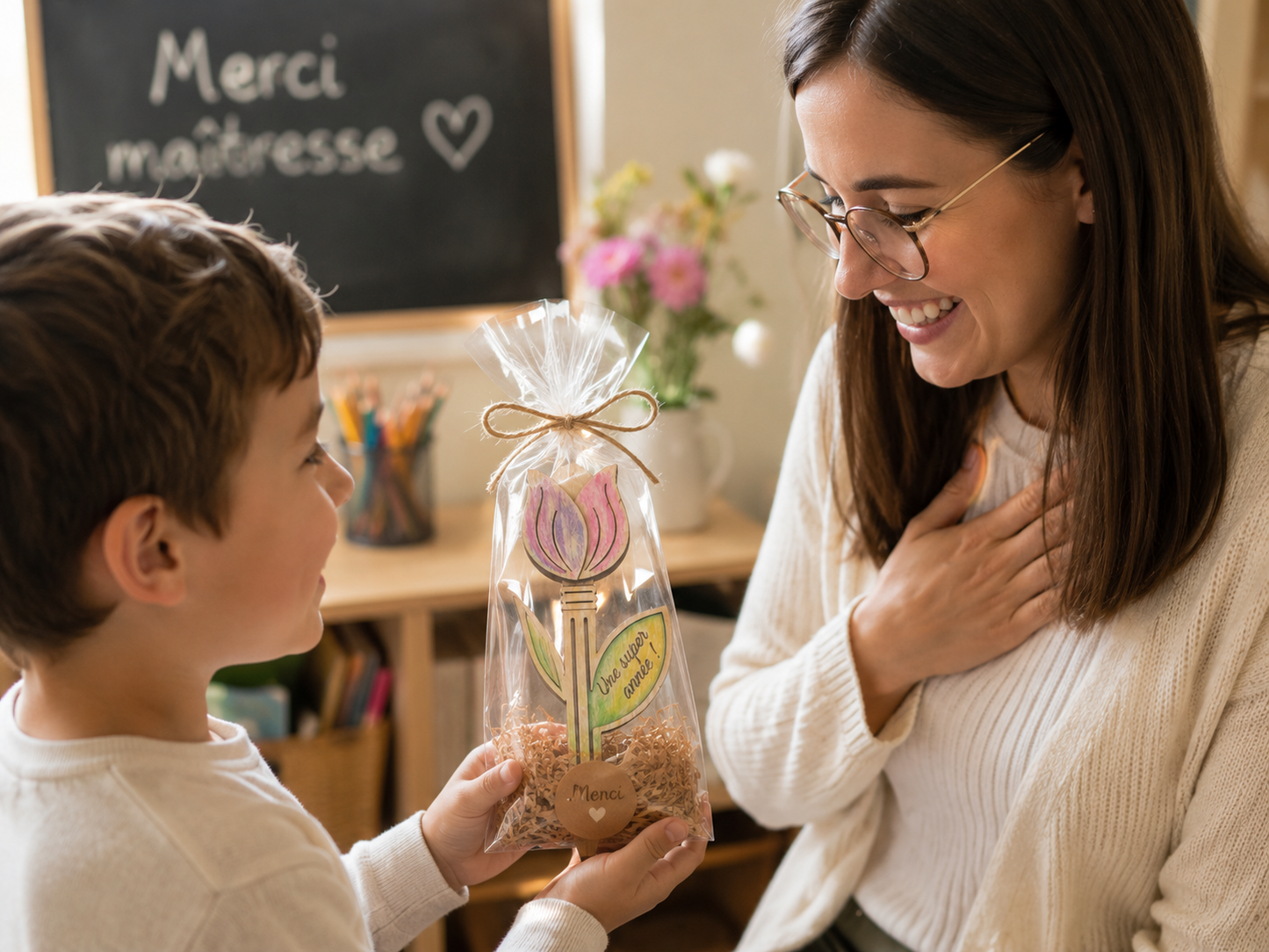 🌸 Crayon Fleur en Bois Personnalisable – Cadeau de fin d'année scolaire